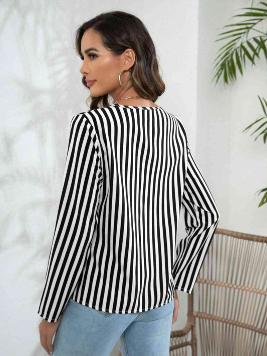 Striped Long Sleeve Notched Blouse - Hovatok