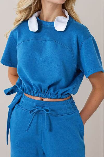 Basic Bae Drawstring Hem Air Scuba Round Neck Short Sleeve T-Shirt - Hovatok