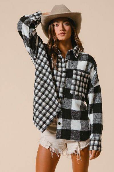 BiBi Plaid Fleece Button Down Long Sleeve Shirt - Hovatok