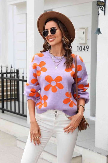 Angel Wings Floral Print Round Neck Dropped Shoulder Pullover Sweater - Hovatok