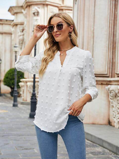 Swiss Dot Notched Neck Blouse - Hovatok