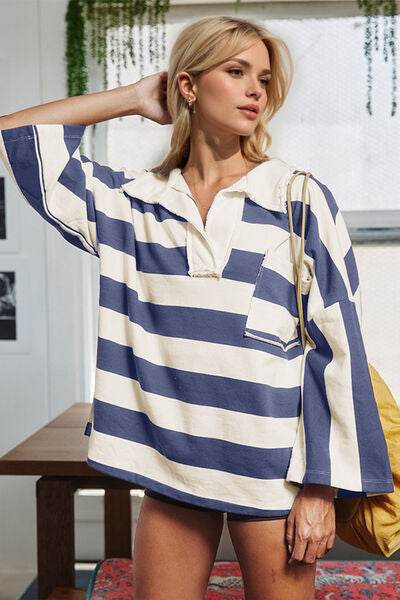 Oh Striped Johnny Collar Long Sleeve T-Shirt - Hovatok