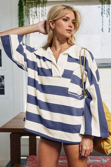 Oh Striped Johnny Collar Long Sleeve T-Shirt - Hovatok
