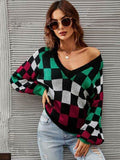 Angel Wings Checkered V-Neck Lantern Sleeve Sweater - Hovatok