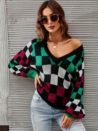Angel Wings Checkered V-Neck Lantern Sleeve Sweater - Hovatok