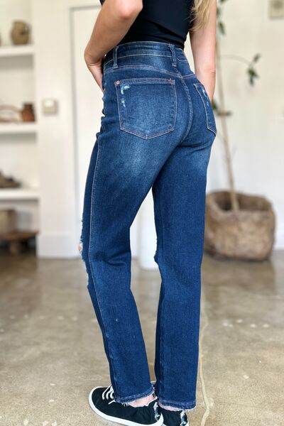 Judy Blue Full Size High Waist Rigid Magic Heavy Destroy Straight Jeans - Hovatok