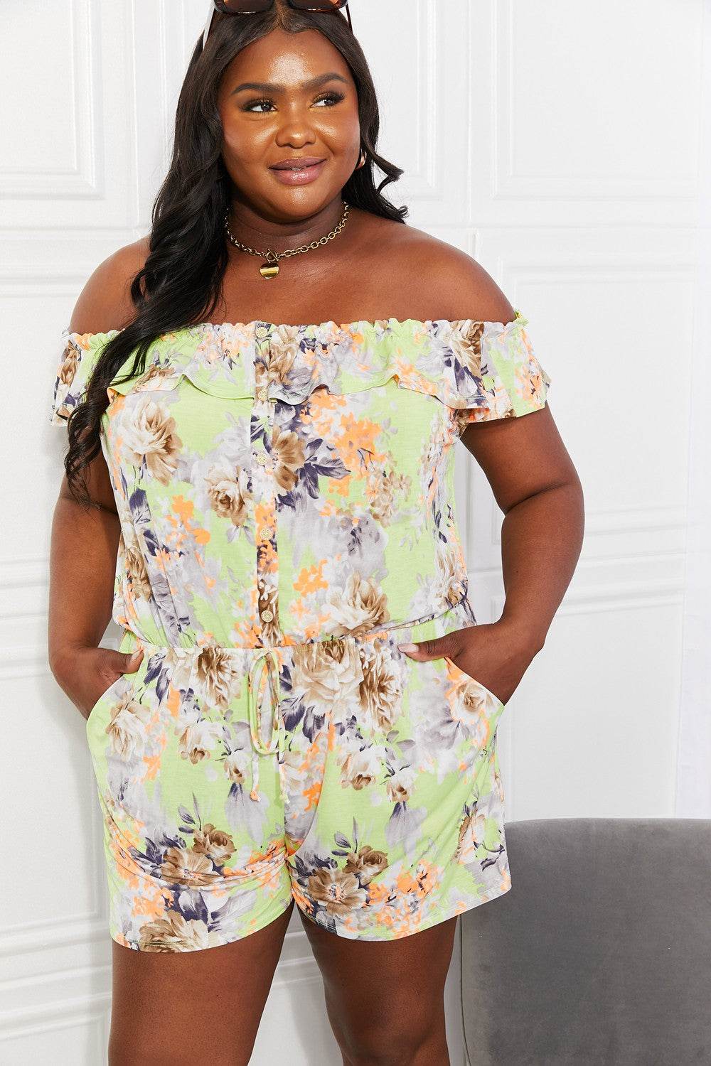 Sew In Love Full Size Pure Delight Floral Off-Shoulder Romper - Hovatok