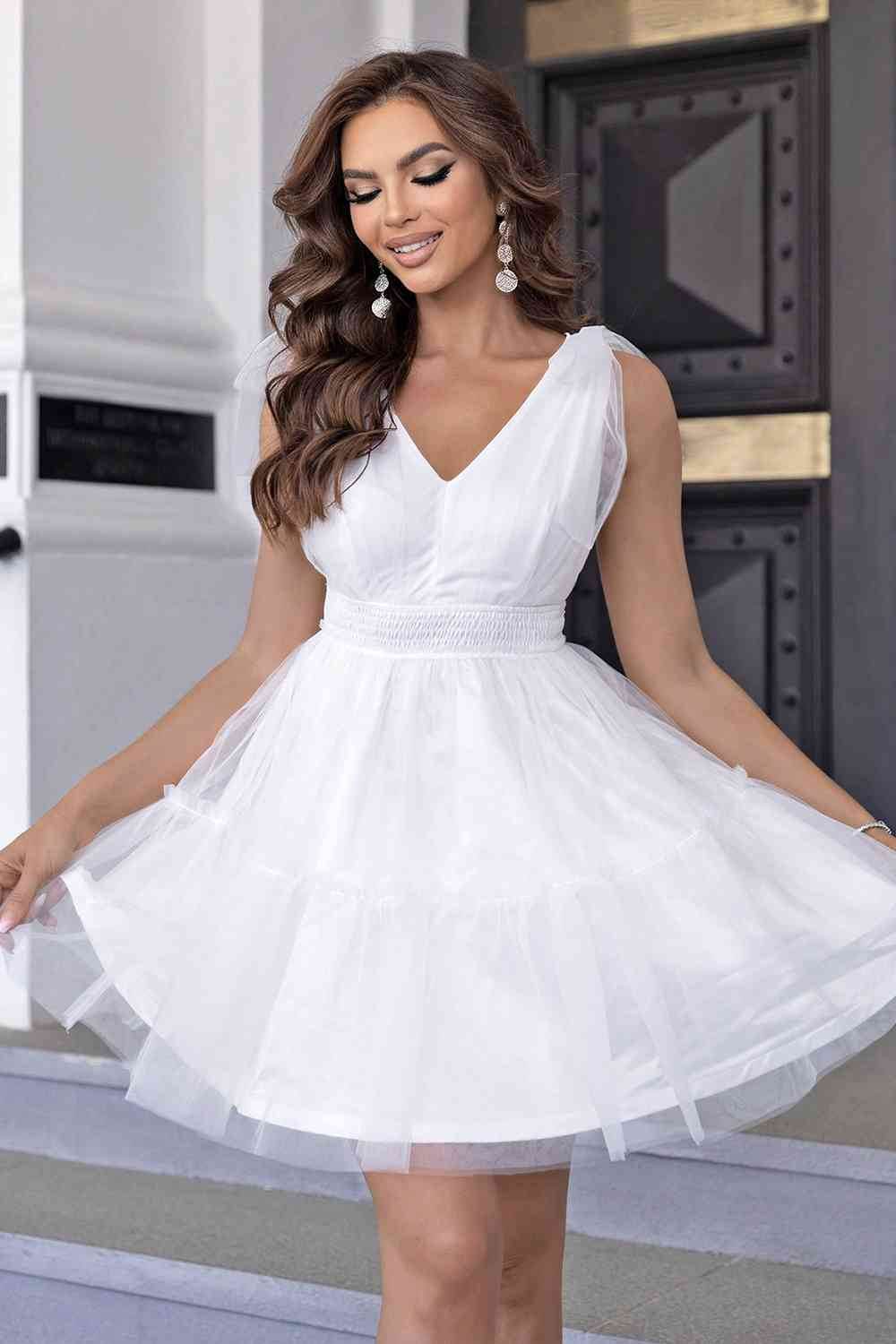 V-Neck Shoulder Detail Mesh Dress - Hovatok