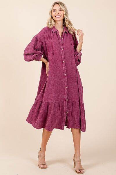 Mittoshop Mineral Wash Cotton Gauze Ruffle Midi Shirt Dress - Hovatok
