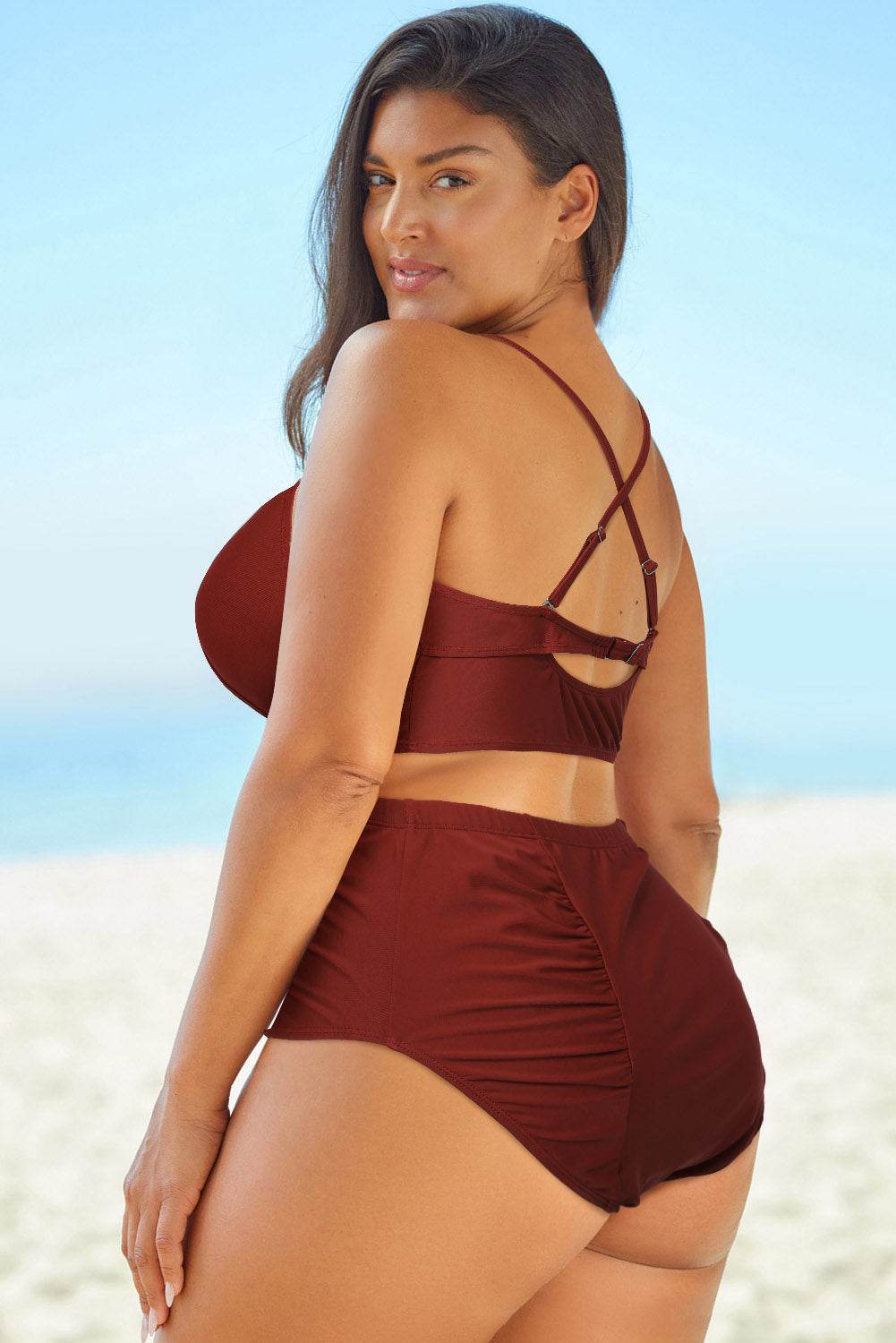 Full Size Halter Neck Crisscross Ruched Two-Piece Swimsuit - Hovatok