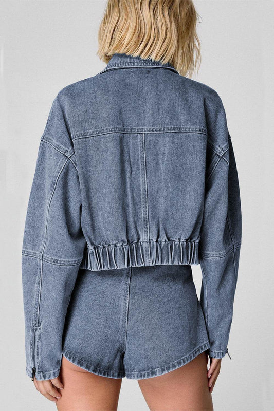 Zip Up Jacket and Drawstring Shorts Denim Set - Hovatok