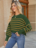 Round Neck Striped Lantern Sleeve Sweater - Hovatok
