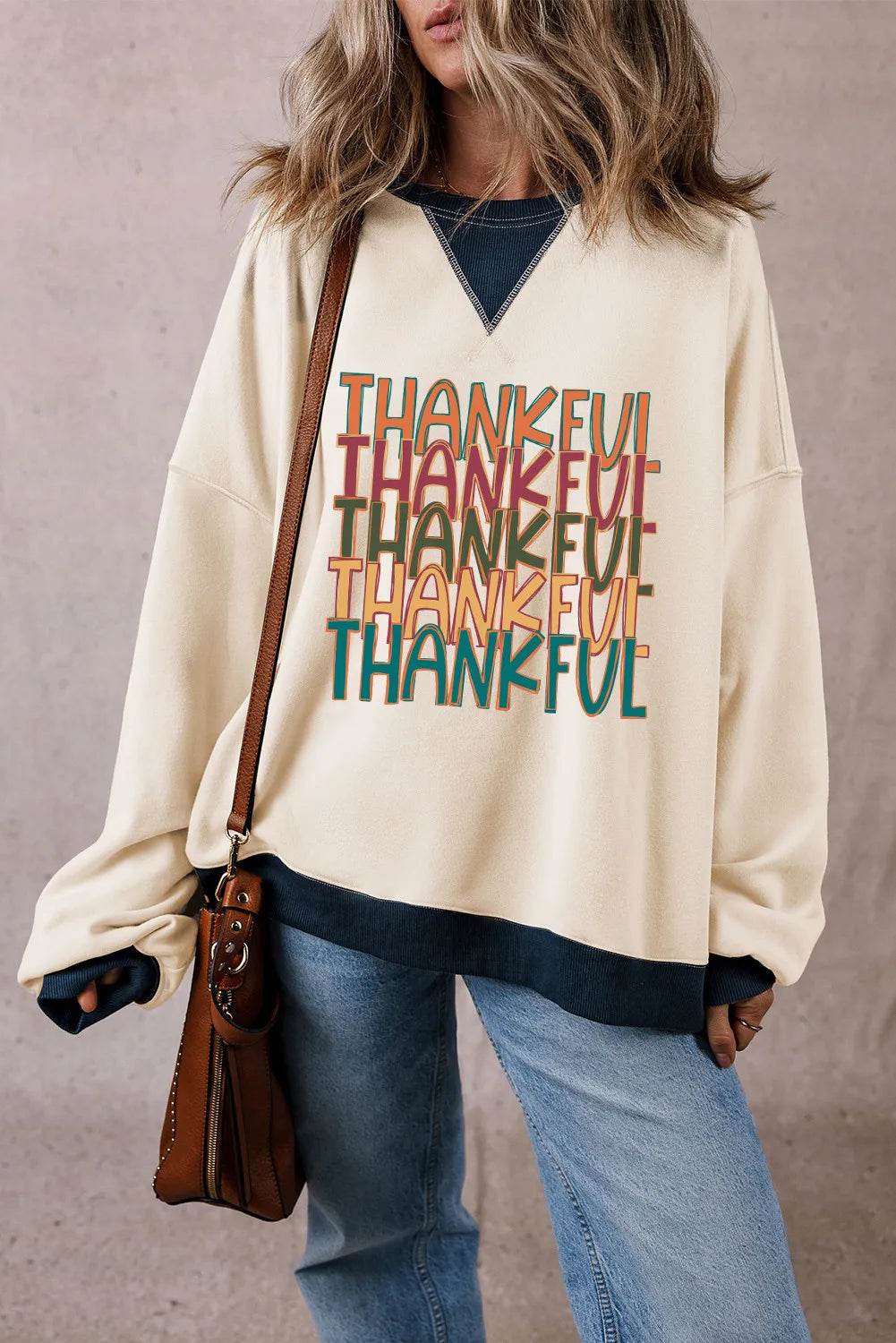 THANKFUL Round Neck Long Sleeve Sweatshirt - Hovatok