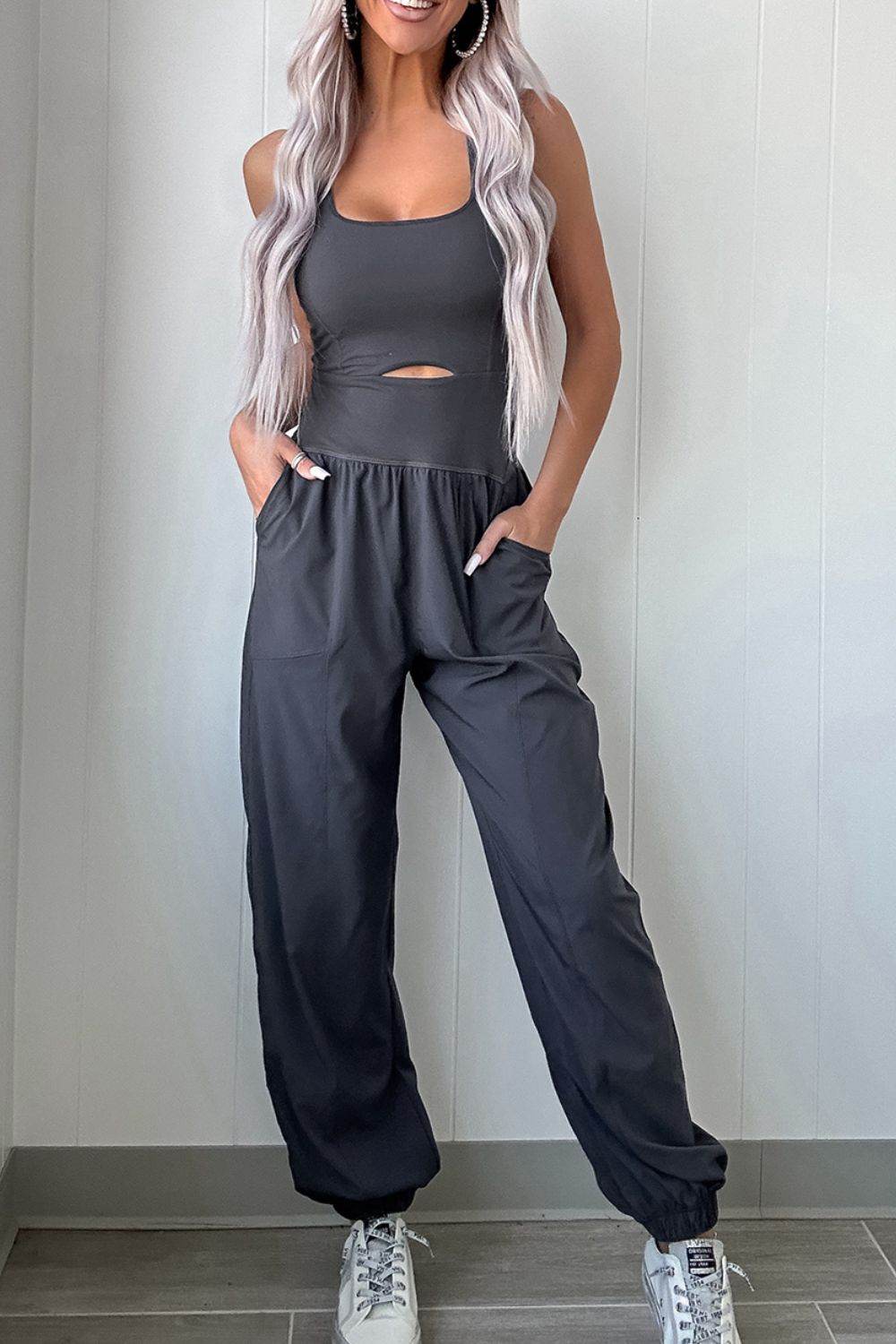 Cutout Square Neck Wide Strap Active Jumpsuit - Hovatok