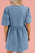 Bowknot Round Neck Half Sleeve Denim Dress - Hovatok