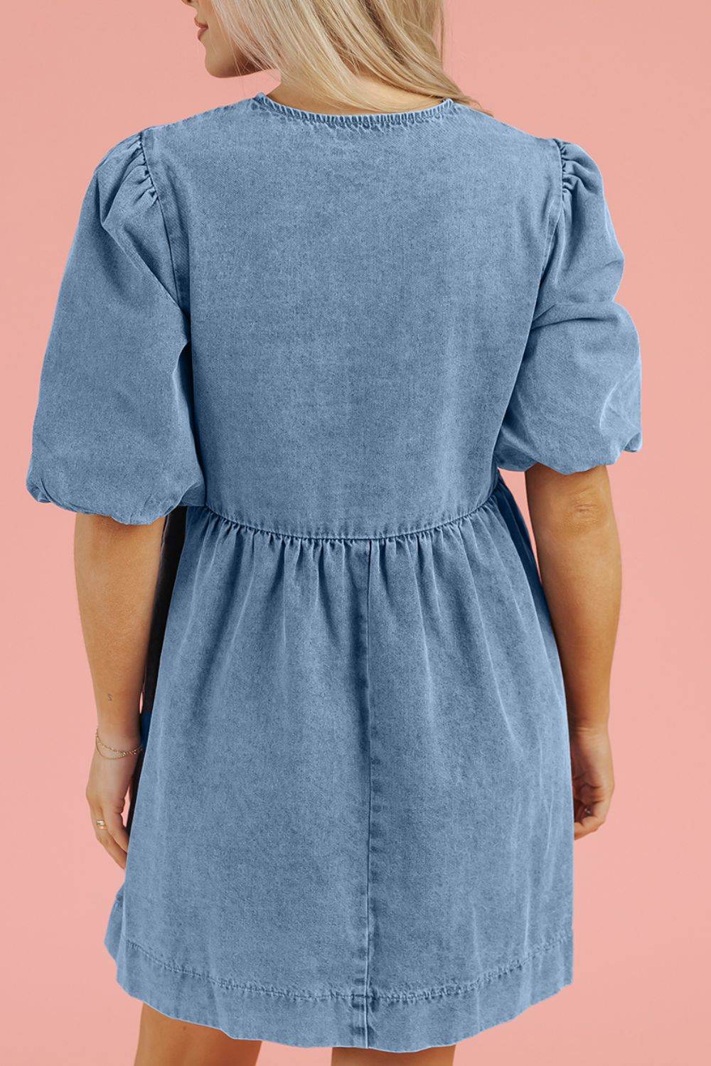 Bowknot Round Neck Half Sleeve Denim Dress - Hovatok