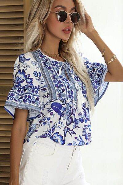 Perfee Printed Buttoned Flounce Sleeve Blouse - Hovatok