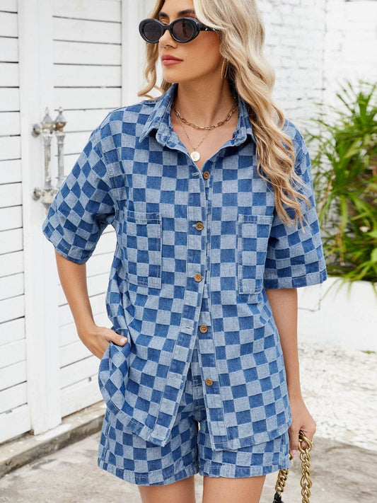 Checkered Shirt and Shorts Denim Set - Hovatok