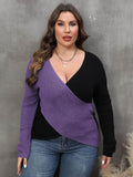 Plus Size Two-Tone Surplice Neck Sweater - Hovatok
