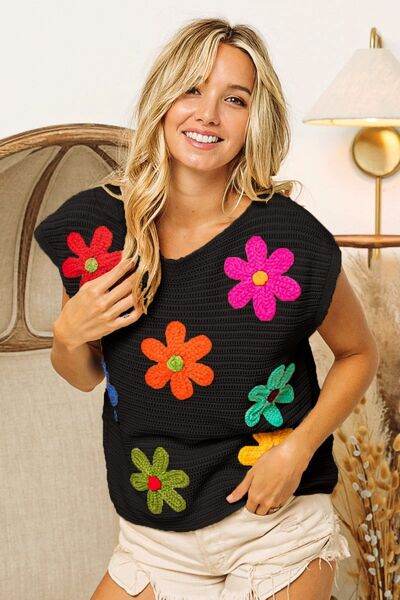 BiBi Flower Round Neck Cap Sleeve Knit Top - Hovatok