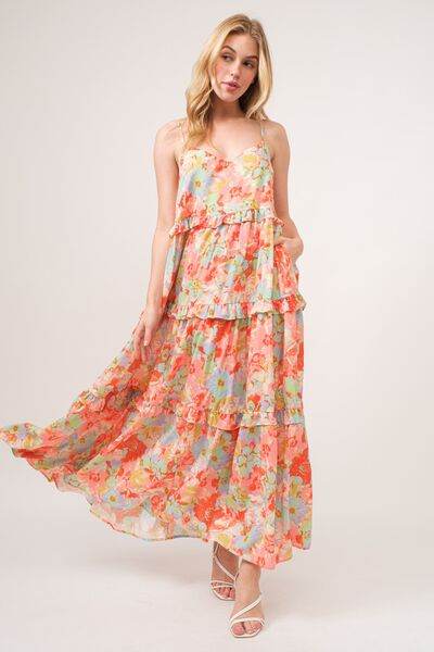 And The Why Floral Ruffled Tiered Maxi Adjustable Strap Cami Dress - Hovatok