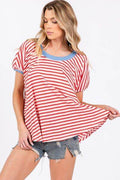 Ces Femme Striped Round Neck Short Sleeve T-Shirt - Hovatok