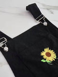 Embroidered Sunflower Wide Strap Overalls with Pockets - Hovatok