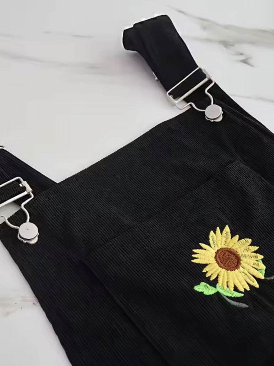 Embroidered Sunflower Wide Strap Overalls with Pockets - Hovatok
