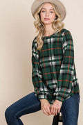 BOMBOM Curved Hem Plaid Round Neck Long Sleeve Top - Hovatok