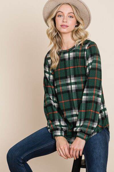 BOMBOM Curved Hem Plaid Round Neck Long Sleeve Top - Hovatok