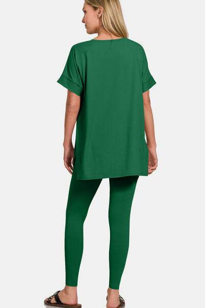Zenana V-Neck Rolled Short Sleeve T-Shirt and Leggings Lounge Set - Hovatok
