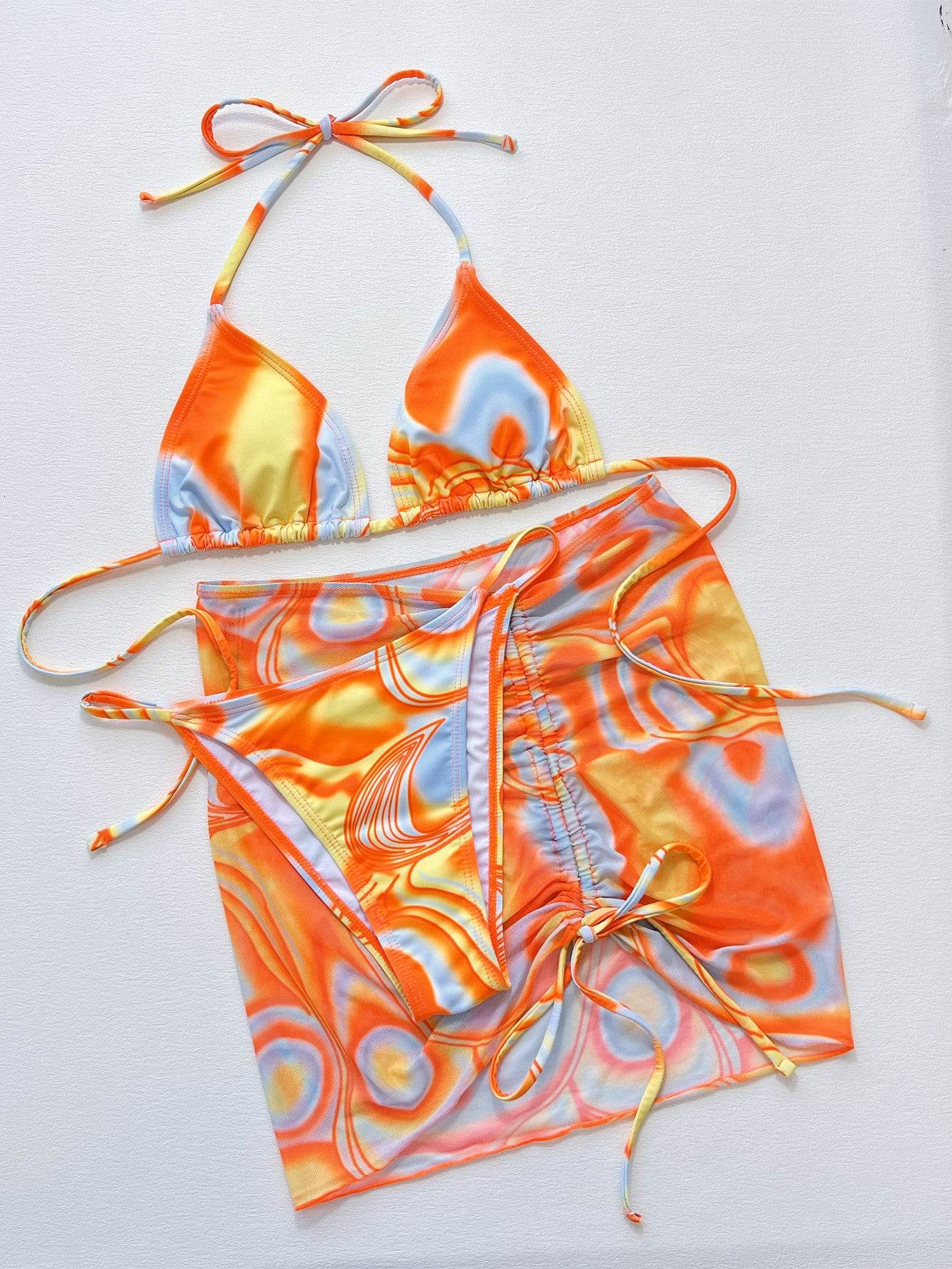 Multicolored Drawstring Ruched Three-Piece Swim Set - Hovatok