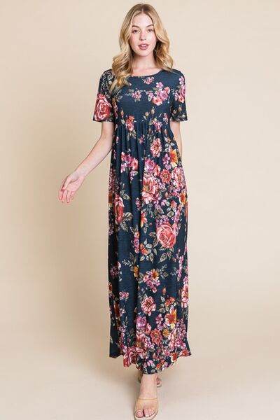 BOMBOM Floral Short Sleeve Maxi Dress - Hovatok