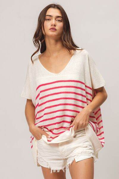 BiBi V Neck Striped Short Sleeve Top - Hovatok