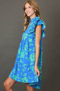 Umgee Full Size Two Tone Floral Print Ruffle Cap Sleeve Mini Dress Plus Size - Hovatok