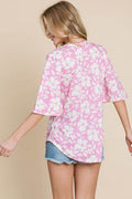 BOMBOM Floral Decorative Button V-Neck Top - Hovatok