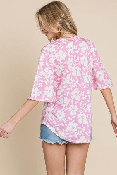 BOMBOM Floral Decorative Button V-Neck Top - Hovatok
