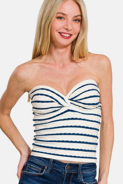 Zenana Twisted Sweetheart Neck Striped Tube Top - Hovatok