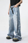 Mid Rise Graffiti Print Distressed Wide Leg Jeans - Hovatok