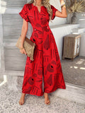 Devine Printed Notched Short Sleeve Wide Leg Jumpsuit - Hovatok