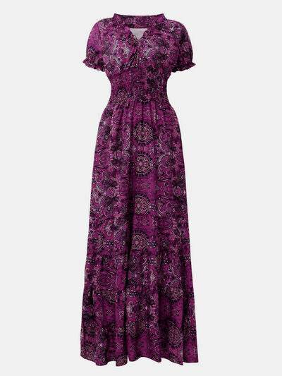 Full Size Smocked Printed V-Neck Short Sleeve Dress - Hovatok