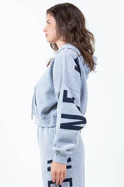 American Bazi Letter Graphic Long Sleeve Drawstring Cropped Hoodie - Hovatok