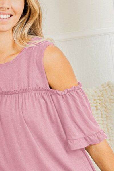 Heimish Full Size Frill Round Neck Cold Shoulder T-Shirt Plus Size - Hovatok