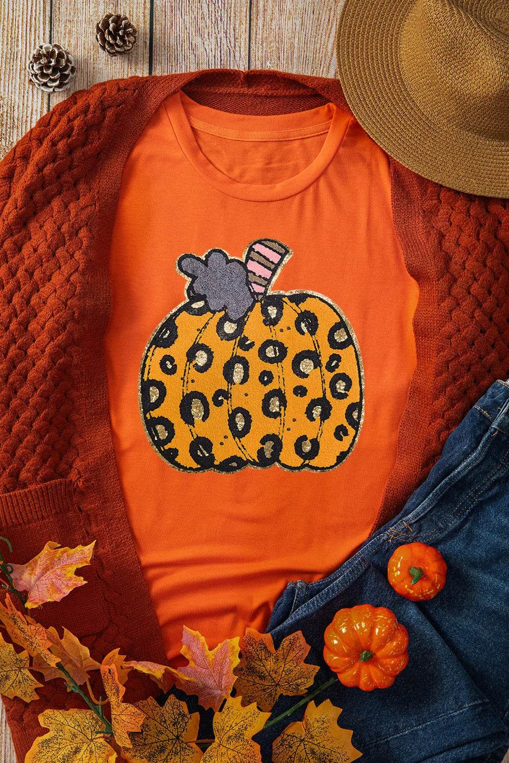 Pumpkin Round Neck Short Sleeve T-Shirt - Hovatok