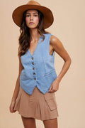 Annie Wear Button Down V-Neck Denim Vest - Hovatok