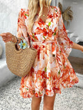 Devine Printed Surplice Ruffled 3/4 Sleeve Mini Dress - Hovatok