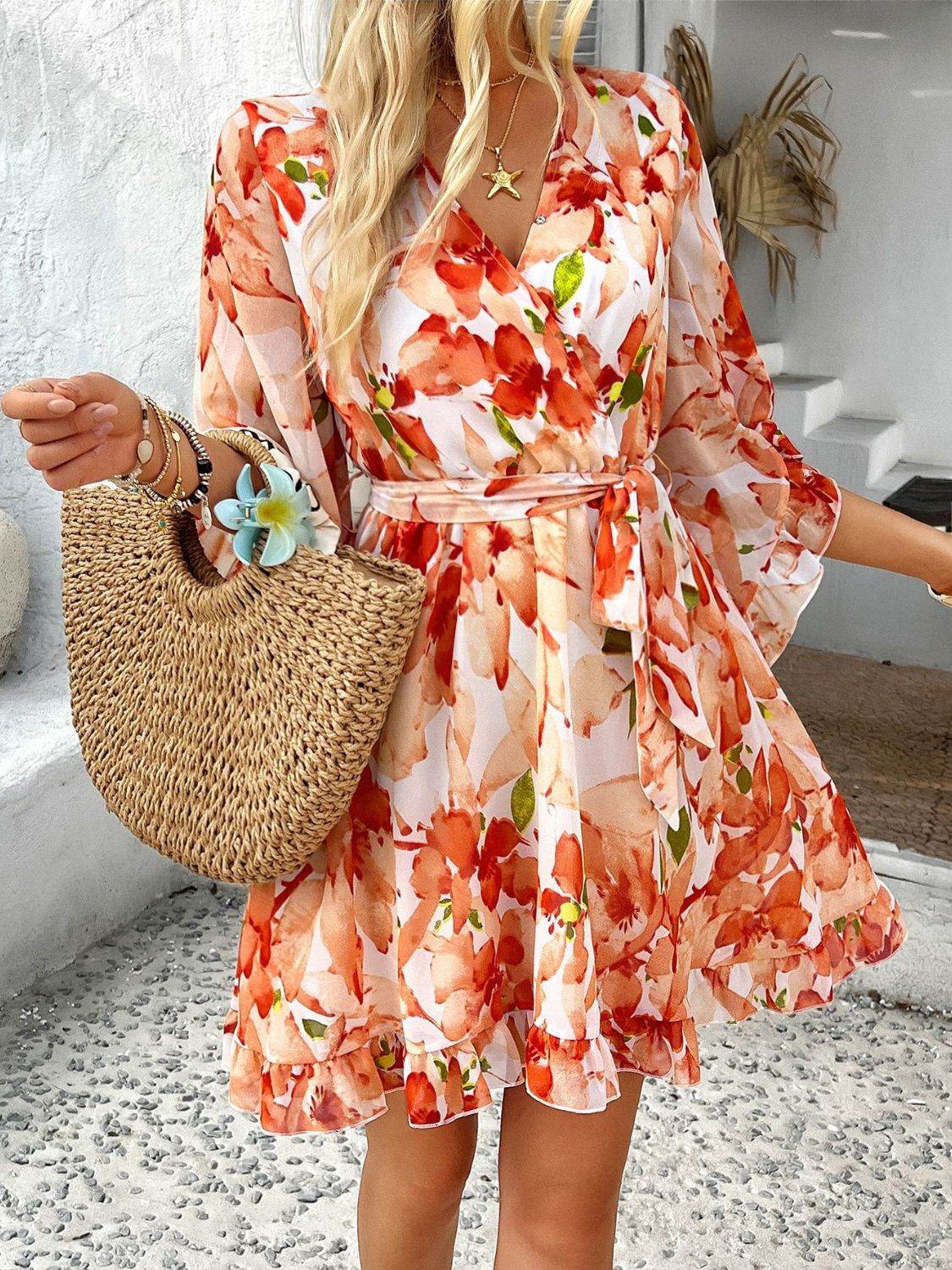 Devine Printed Surplice Ruffled 3/4 Sleeve Mini Dress - Hovatok