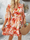 Devine Printed Surplice Ruffled 3/4 Sleeve Mini Dress - Hovatok