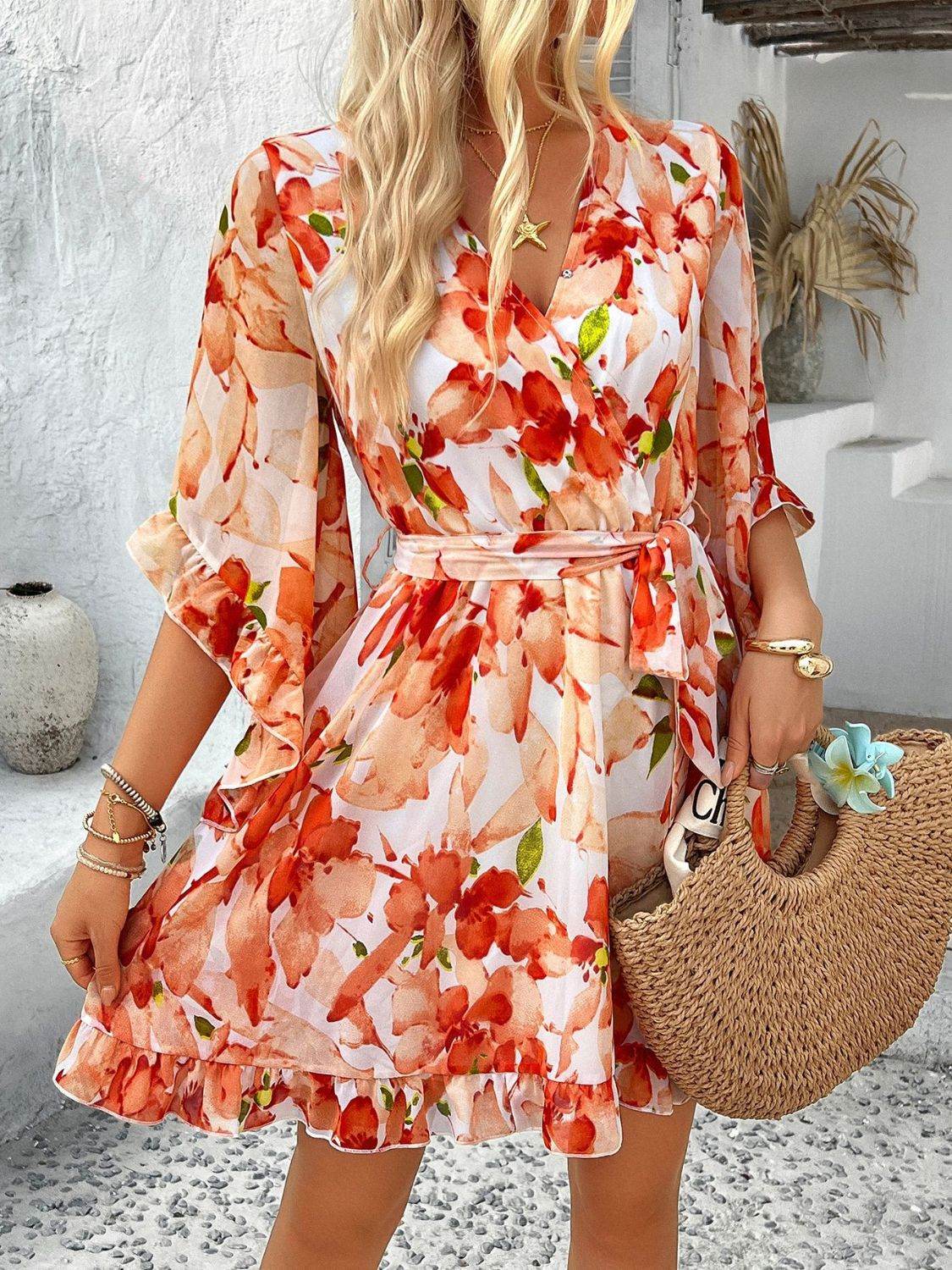 Devine Printed Surplice Ruffled 3/4 Sleeve Mini Dress - Hovatok