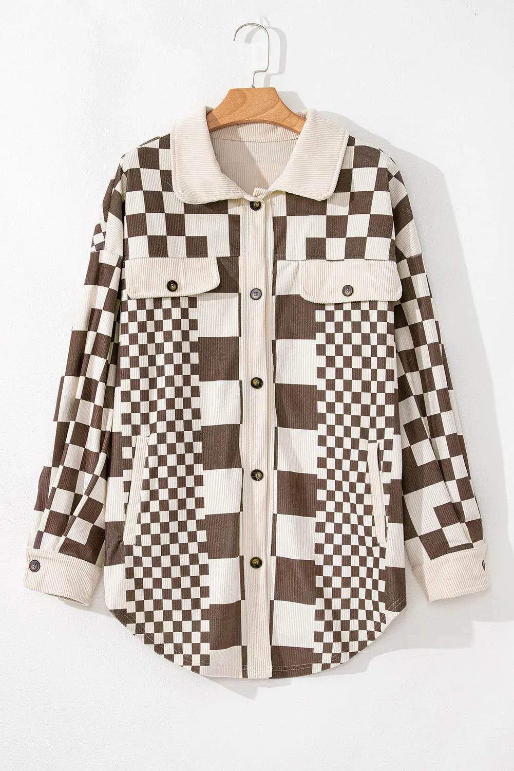 Plus Size Checkered Button Up Long Sleeve Jacket - Hovatok